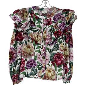 Aura Western Shirt Dramatic Double Ruffle Floral Long Puff Sleeve Size S Rodeo
